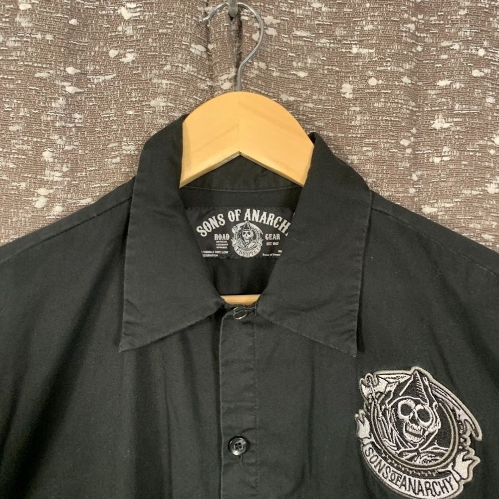 Sons of Anarchy Black Button Up Shirt Short Sleeve Biker Reaper Patch Men's XL - Picture 4 of 8